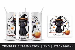 Watercolor cute black cat tiny witch hat on broomstick circular Halloween print tumbler skinny mug wrap clipart t-shirt sublimation printable design