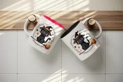 Watercolor cute black cat tiny witch hat on broomstick circular Halloween print tumbler skinny mug wrap clipart t-shirt sublimation printable design