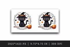 Watercolor cute black cat tiny witch hat on broomstick circular Halloween print tumbler skinny mug wrap clipart t-shirt sublimation printable design