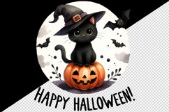Watercolor cute black cat witch hat pumpkin bat Happy Halloween quote print 20 oz tumbler skinny mug wrap clipart t-shirt sublimation printable design