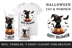 Watercolor cute black cat witch hat pumpkin bat Happy Halloween quote print 20 oz tumbler skinny mug wrap clipart t-shirt sublimation printable design