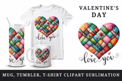 Watercolor cute bright heart patchwork Love You quote Valentine Day print 20 oz tumbler skinny mug wrap clipart t-shirt sublimation printable design