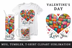 Watercolor cute bright heart patchwork Love You quote Valentine Day print 20 oz tumbler skinny mug wrap clipart t-shirt sublimation printable design
