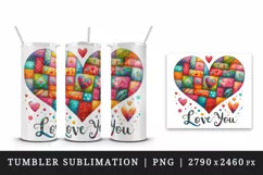 Watercolor cute bright heart patchwork Love You quote Valentine Day print 20 oz tumbler skinny mug wrap clipart t-shirt sublimation printable design