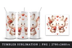 Watercolor cute bunnies holding heart flowers friends love Valentine Day print tumbler skinny mug wrap clipart t-shirt sublimation printable design