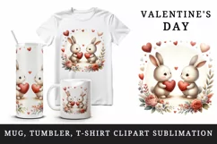 Watercolor cute bunnies holding heart flowers friends love Valentine Day print tumbler skinny mug wrap clipart t-shirt sublimation printable design