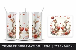 Watercolor cute bunnies holding heart flowers friends love Valentine Day print tumbler skinny mug wrap clipart t-shirt sublimation printable design