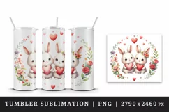 Watercolor cute bunnies holding heart flowers friends love Valentine Day print tumbler skinny mug wrap clipart t-shirt sublimation printable design