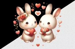 Watercolor cute bunnies holding heart flowers friends love Valentine Day print tumbler skinny mug wrap clipart t-shirt sublimation printable design