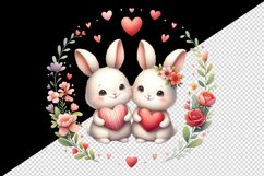 Watercolor cute bunnies holding heart flowers friends love Valentine Day print tumbler skinny mug wrap clipart t-shirt sublimation printable design