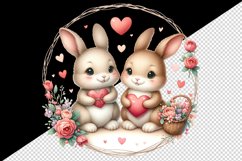 Watercolor cute bunnies holding heart flowers friends love Valentine Day print tumbler skinny mug wrap clipart t-shirt sublimation printable design