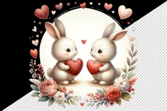 Watercolor cute bunnies holding heart flowers friends love Valentine Day print tumbler skinny mug wrap clipart t-shirt sublimation printable design