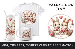 Watercolor cute bunnies holding heart flowers friends love Valentine Day print tumbler skinny mug wrap clipart t-shirt sublimation printable design