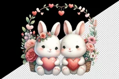 Watercolor cute bunnies holding heart flowers friends love Valentine Day print tumbler skinny mug wrap clipart t-shirt sublimation printable design