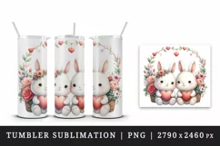 Watercolor cute bunnies holding heart flowers friends love Valentine Day print tumbler skinny mug wrap clipart t-shirt sublimation printable design