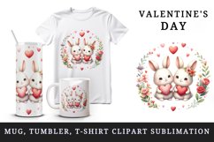 Watercolor cute bunnies holding heart flowers friends love Valentine Day print tumbler skinny mug wrap clipart t-shirt sublimation printable design