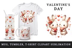 Watercolor cute bunnies holding heart flowers friends love Valentine Day print tumbler skinny mug wrap clipart t-shirt sublimation printable design