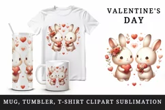 Watercolor cute bunnies holding heart flowers friends love Valentine Day print tumbler skinny mug wrap clipart t-shirt sublimation printable design
