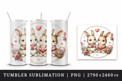 Watercolor cute bunnies holding heart flowers friends love Valentine Day print tumbler skinny mug wrap clipart t-shirt sublimation printable design