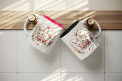Watercolor cute bunnies holding heart flowers friends love Valentine Day print tumbler skinny mug wrap clipart t-shirt sublimation printable design
