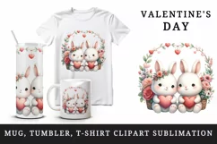 Watercolor cute bunnies holding heart flowers friends love Valentine Day print tumbler skinny mug wrap clipart t-shirt sublimation printable design