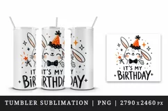 Watercolor cute bunny party hat neon orange sparkles Its My Birthday quote print tumbler skinny mug wrap clipart t-shirt sublimation printable design