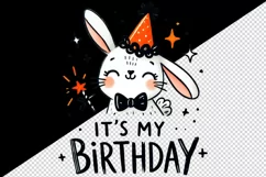 Watercolor cute bunny party hat neon orange sparkles Its My Birthday quote print tumbler skinny mug wrap clipart t-shirt sublimation printable design