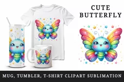 Watercolor cute butterfly bright sparkling rainbow wings twinkling stars print tumbler skinny mug wrap clipart t-shirt sublimation printable design