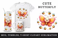Watercolor cute butterfly interacting with group of small bees print 20 oz tumbler skinny mug wrap clipart t-shirt sublimation printable design