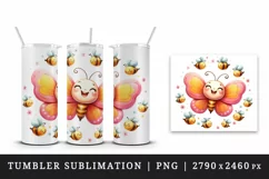 Watercolor cute butterfly interacting with group of small bees print 20 oz tumbler skinny mug wrap clipart t-shirt sublimation printable design