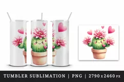 Watercolor cute cactus blooming with pink flowers hearts Valentine Day print 20oz tumbler skinny mug wrap clipart t-shirt sublimation printable design