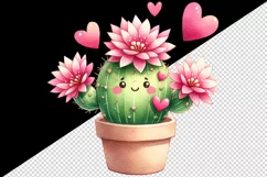 Watercolor cute cactus blooming with pink flowers hearts Valentine Day print 20oz tumbler skinny mug wrap clipart t-shirt sublimation printable design