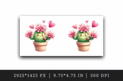 Watercolor cute cactus blooming with pink flowers hearts Valentine Day print 20oz tumbler skinny mug wrap clipart t-shirt sublimation printable design