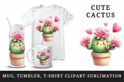 Watercolor cute cactus blooming with pink flowers hearts Valentine Day print 20oz tumbler skinny mug wrap clipart t-shirt sublimation printable design