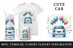 Watercolor cute car smile balloons confetti party birthday festive print 20 oz tumbler skinny mug wrap clipart t-shirt sublimation printable design