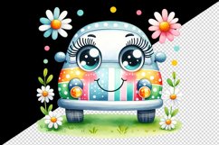 Watercolor cute car smile colorful polka dots stripes field daisies print 20 oz tumbler skinny mug wrap clipart t-shirt sublimation printable design