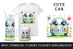 Watercolor cute car smile colorful polka dots stripes field daisies print 20 oz tumbler skinny mug wrap clipart t-shirt sublimation printable design