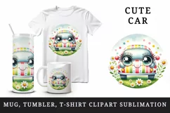 Watercolor cute car smile colorful polka dots stripes field of daisies print 20oz tumbler skinny mug wrap clipart t-shirt sublimation printable design