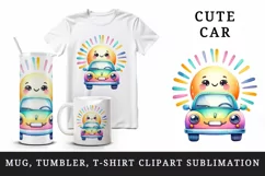 Watercolor cute car smile parked under bright sun playful colorful rays print tumbler skinny mug wrap clipart t-shirt sublimation printable design