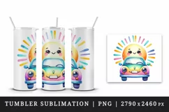 Watercolor cute car smile parked under bright sun playful colorful rays print tumbler skinny mug wrap clipart t-shirt sublimation printable design