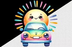 Watercolor cute car smile parked under bright sun playful colorful rays print tumbler skinny mug wrap clipart t-shirt sublimation printable design