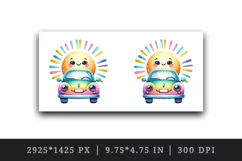 Watercolor cute car smile parked under bright sun playful colorful rays print tumbler skinny mug wrap clipart t-shirt sublimation printable design