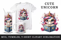 Watercolor cute cartoon unicorn glasses reading magical book print 20 oz tumbler skinny mug wrap clipart t-shirt sublimation printable design