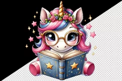 Watercolor cute cartoon unicorn glasses reading magical book print 20 oz tumbler skinny mug wrap clipart t-shirt sublimation printable design