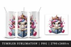 Watercolor cute cartoon unicorn glasses reading magical book print 20 oz tumbler skinny mug wrap clipart t-shirt sublimation printable design