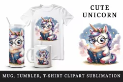 Watercolor cute cartoon unicorn oversized glasses reading magical book print 20oz tumbler skinny mug wrap clipart t-shirt sublimation printable design