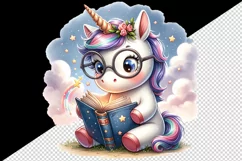 Watercolor cute cartoon unicorn oversized glasses reading magical book print 20oz tumbler skinny mug wrap clipart t-shirt sublimation printable design