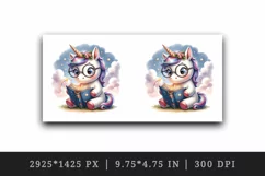 Watercolor cute cartoon unicorn oversized glasses reading magical book print 20oz tumbler skinny mug wrap clipart t-shirt sublimation printable design