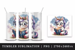 Watercolor cute cartoon unicorn oversized glasses reading magical book print 20oz tumbler skinny mug wrap clipart t-shirt sublimation printable design