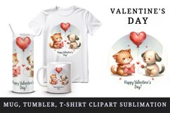Watercolor cute cat and dog heart balloon Happy Valentine Day quote print 20 oz tumbler skinny mug wrap clipart t-shirt sublimation printable design